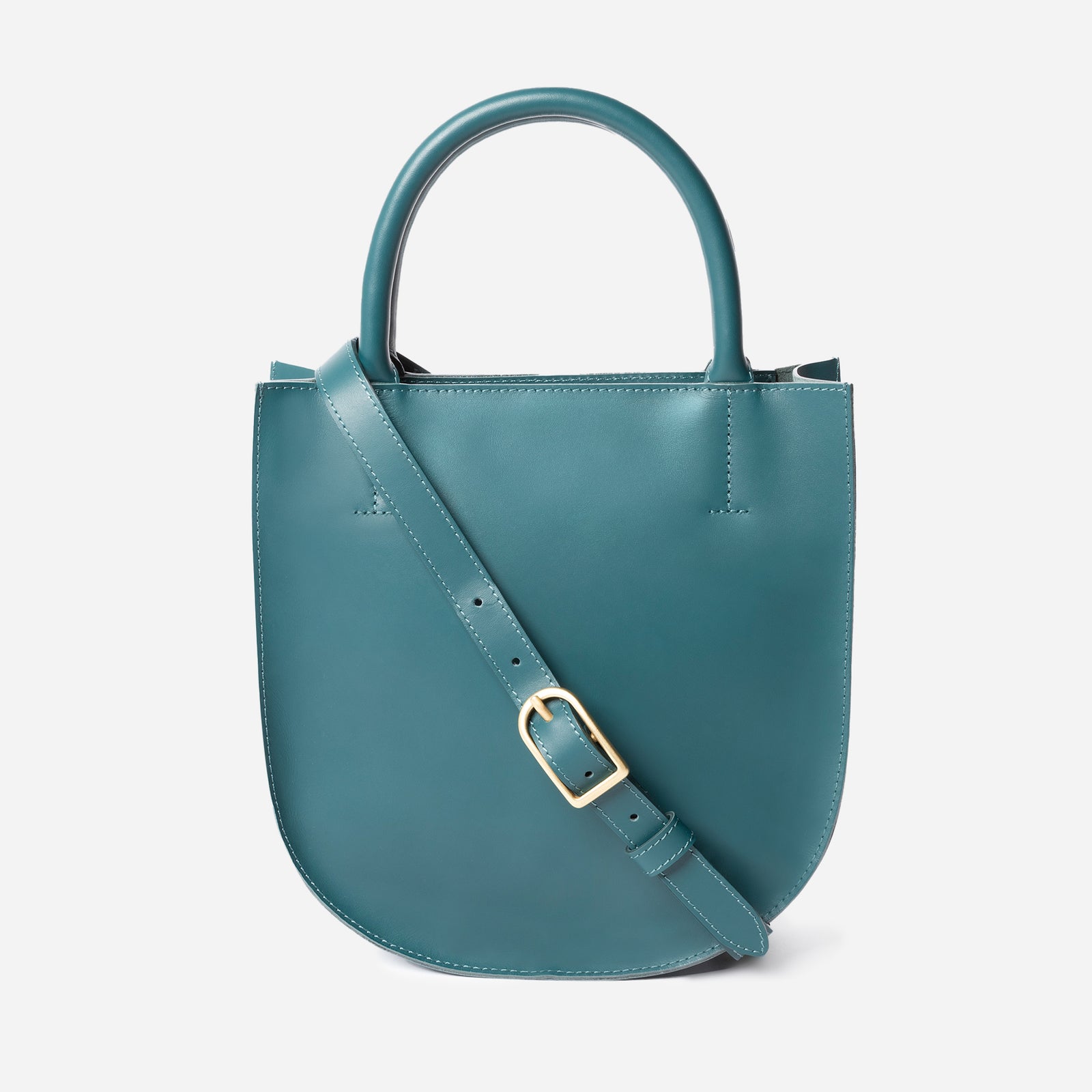 Teal handbag with a gold buckle on a light gray background - Dawn