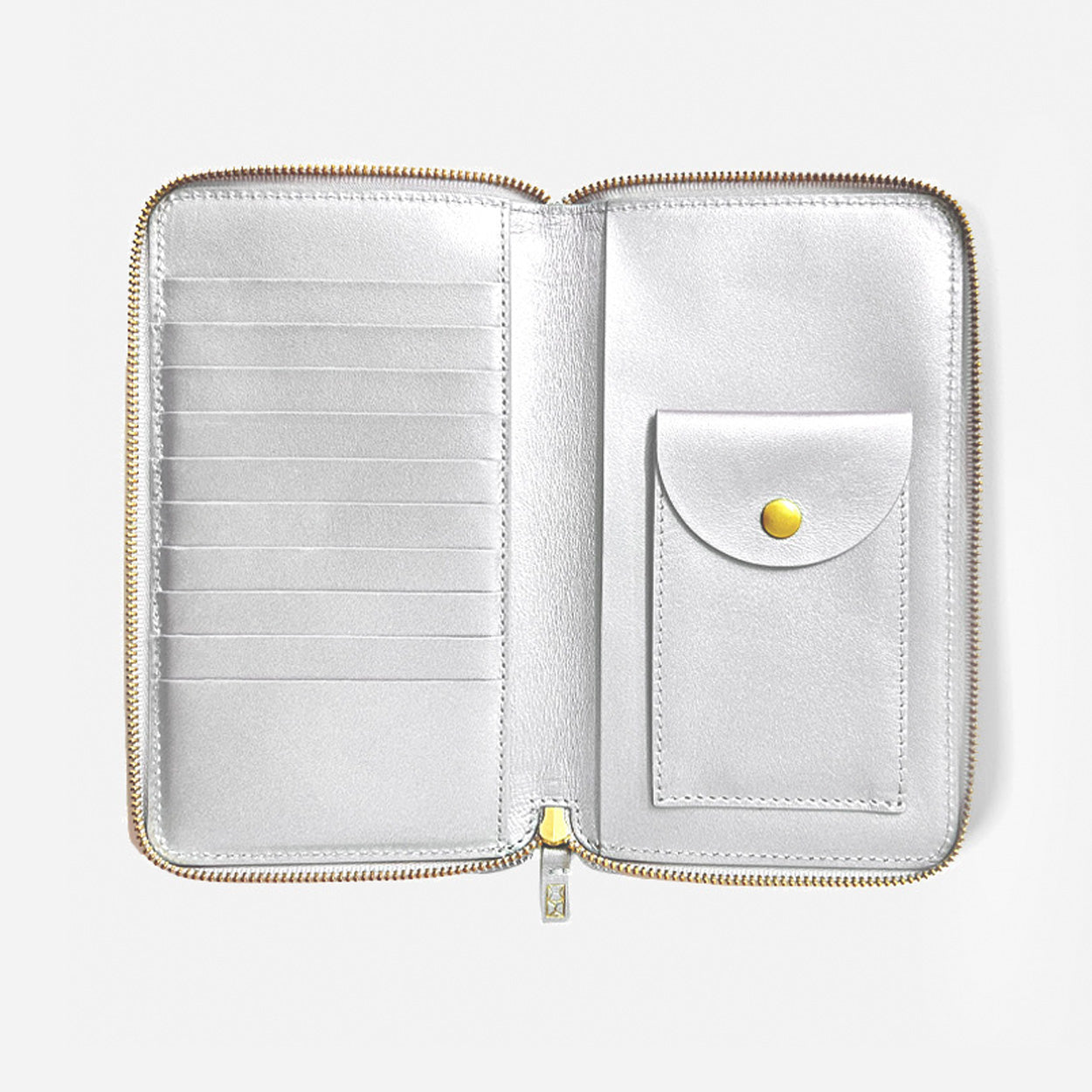 Black wallet with gold zipper on a light gray background - Black