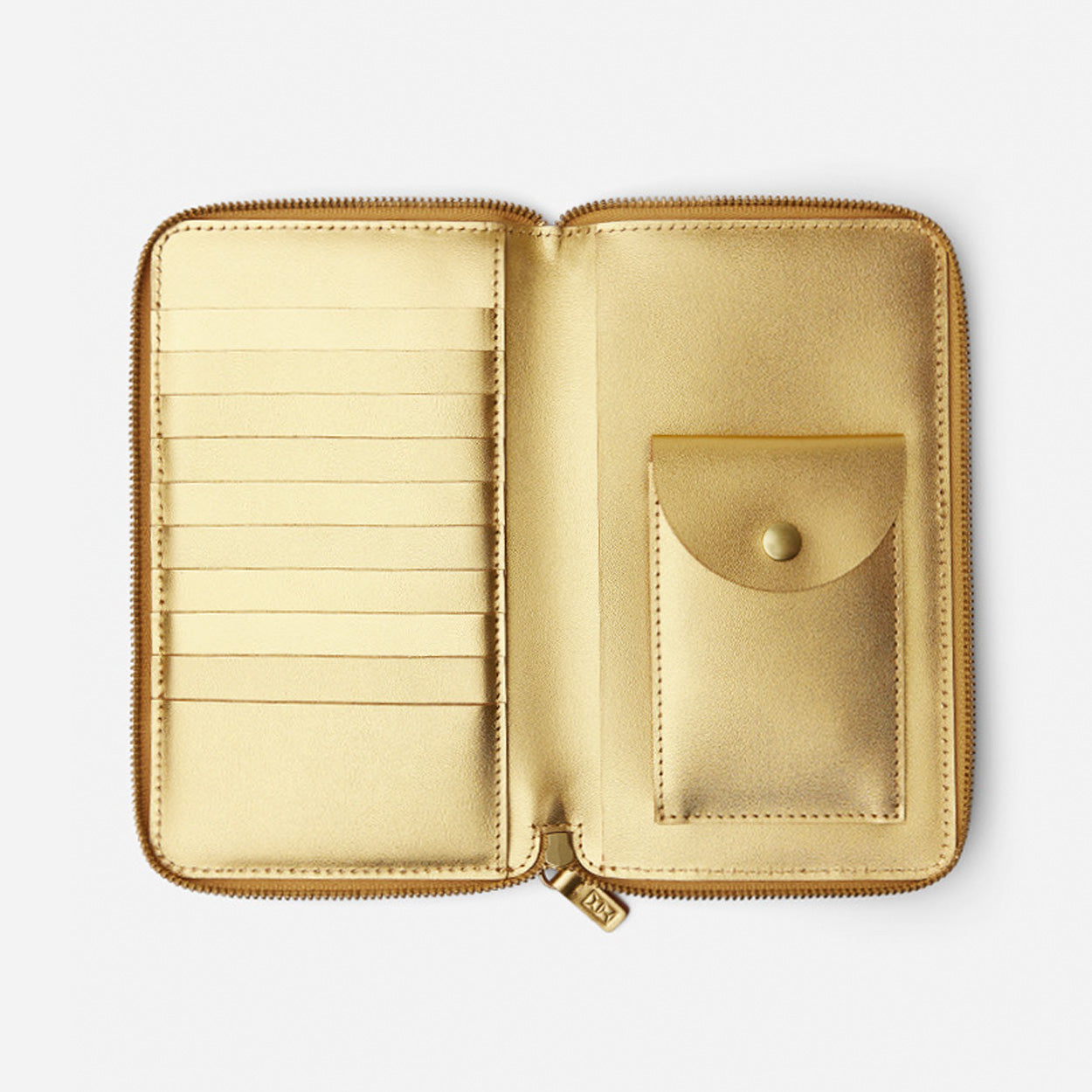 Black wallet with gold zipper on a light gray background - Black