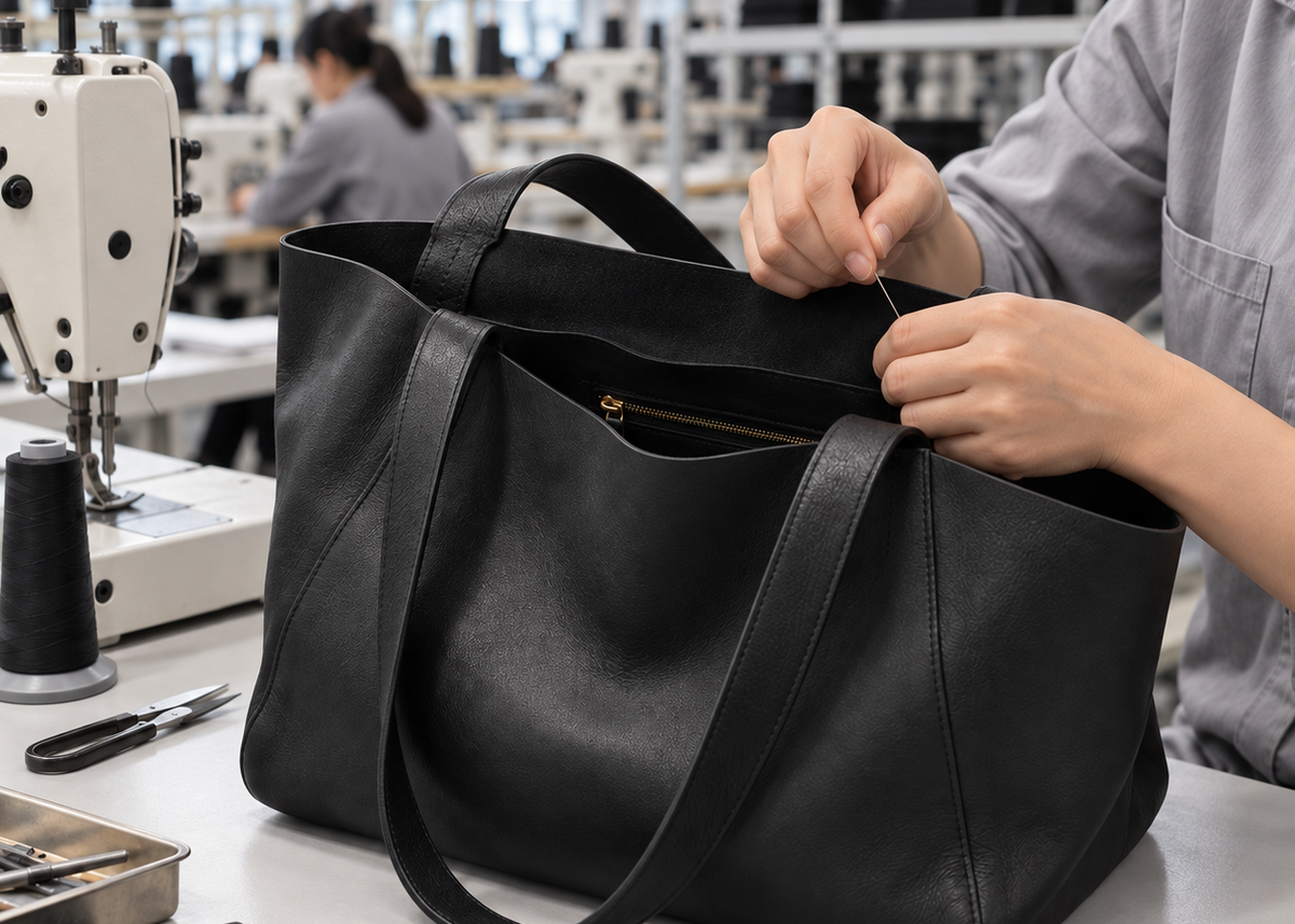 A black leather tote bag with long handles sits on a worktable in a sewing workshop. A person's hands and torso are visible as they reach into the bag's open top pocket.