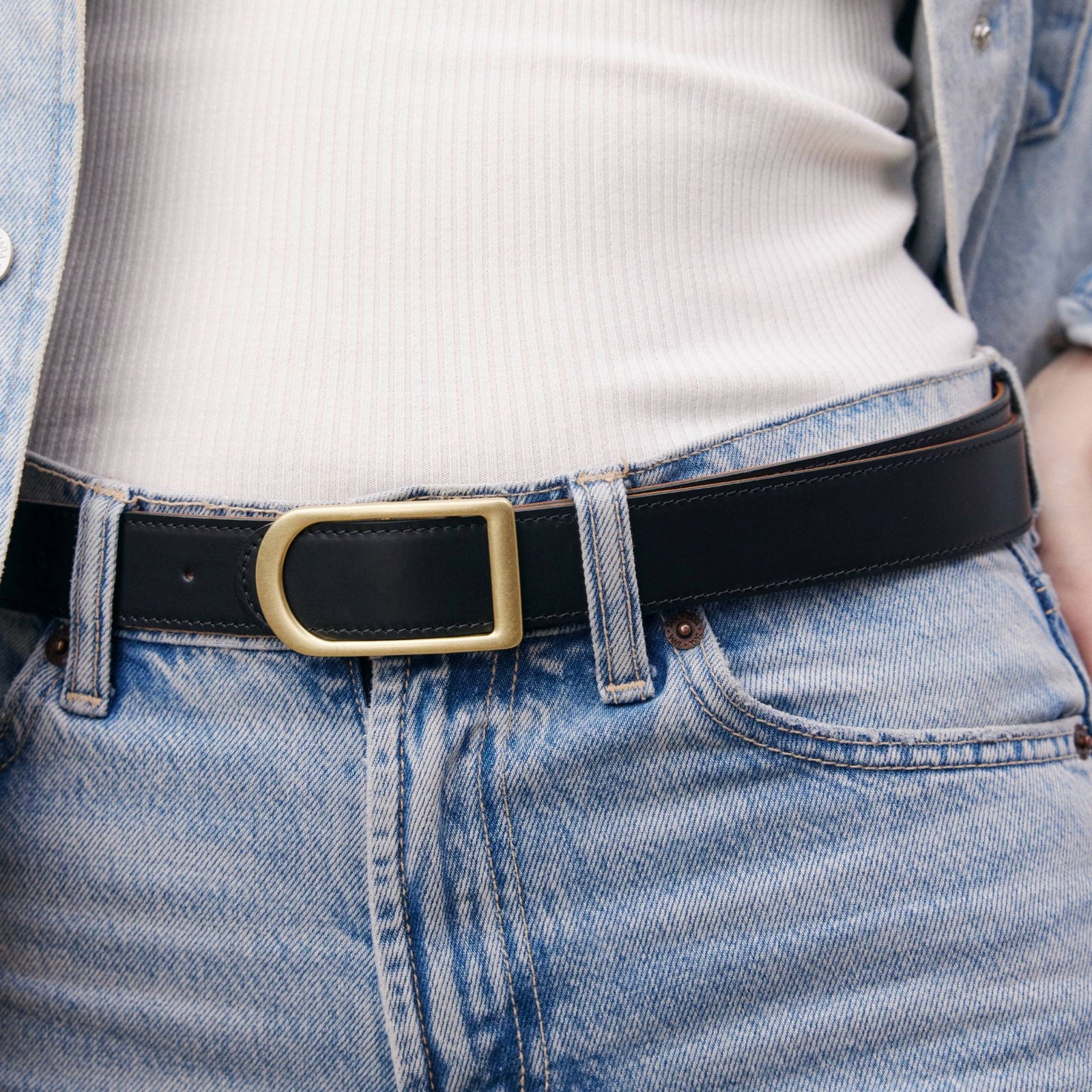 Gemini reversible belt in black full-grain leather with brass buckle, minimalist fashion accessory for everyday wear -Black-Pearl