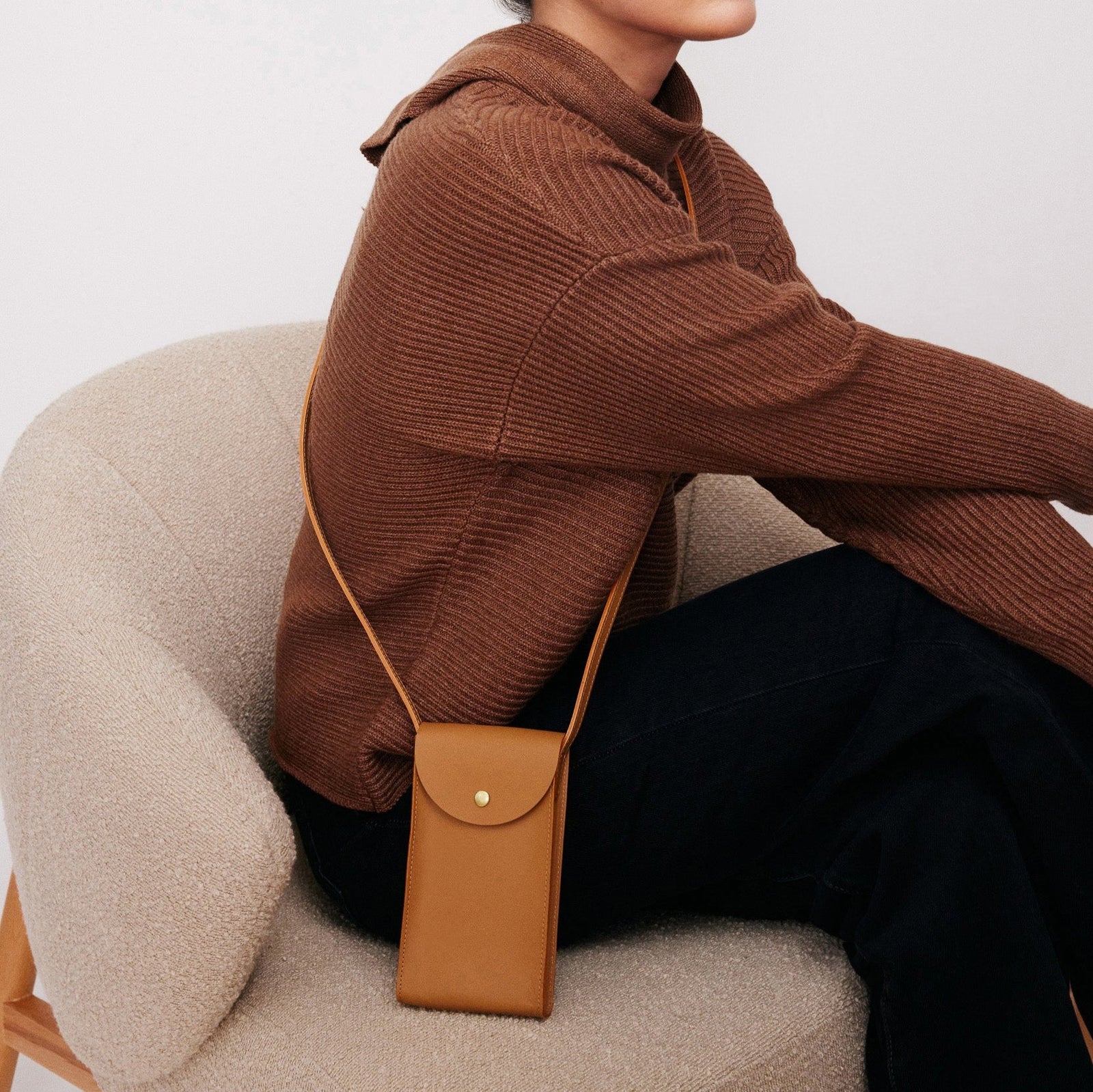 Mini Bandit crossbody bag in saddle brown full-grain leather, open view showing interior and compartments - Saddle 