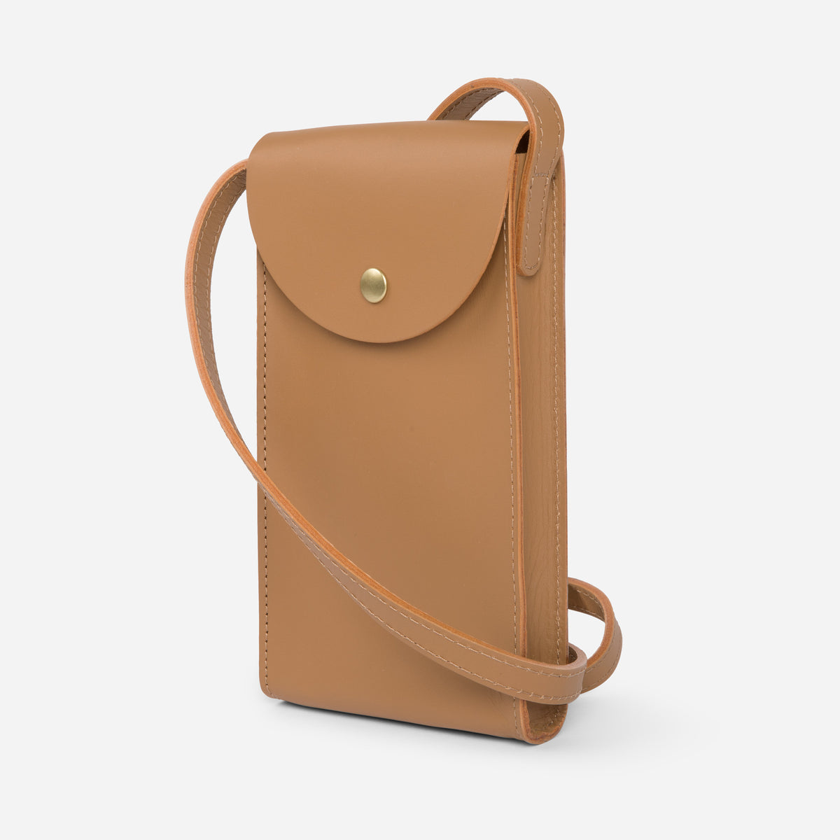 Mini Bandit crossbody bag in saddle brown full-grain leather, compact phone bag with slim profile - Saddle