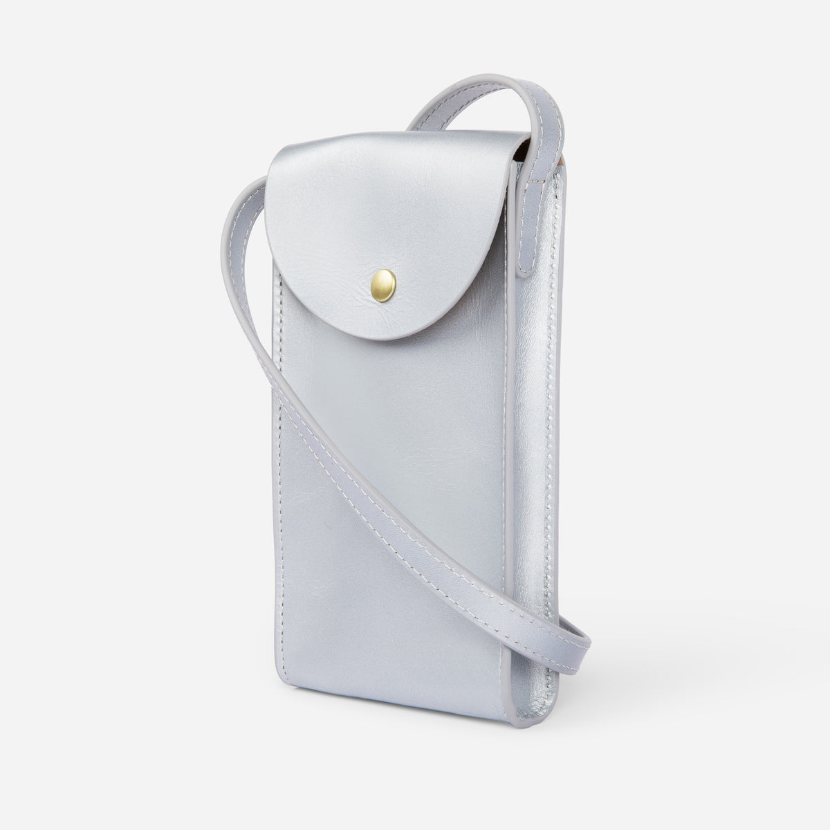 Mini Bandit crossbody bag in sterling silver full-grain leather, compact phone bag with slim profile  - Sterling