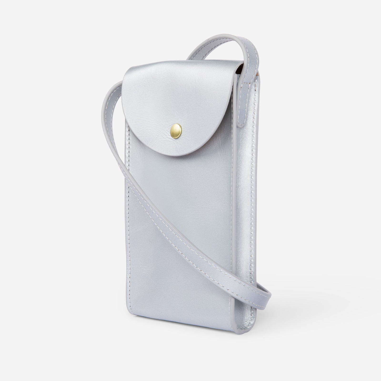 Mini Bandit crossbody bag in sterling silver full-grain leather, compact phone bag with slim profile  - Sterling