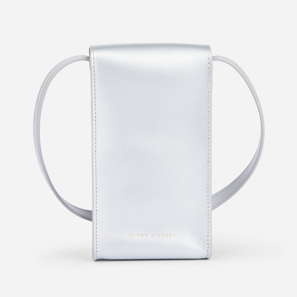 Mini Bandit crossbody bag in sterling silver full-grain leather, compact phone bag with slim profile  - Sterling