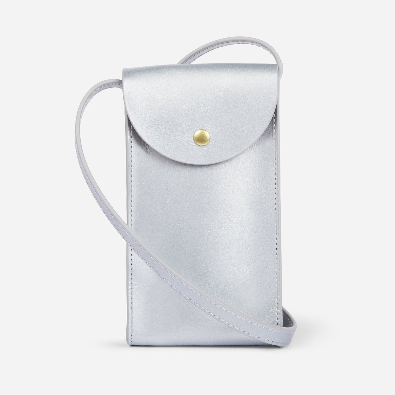 Mini Bandit crossbody bag in sterling silver full-grain leather, compact phone bag with slim profile - Sterling