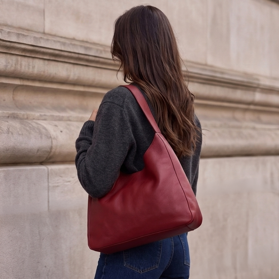 Model carrying The Overtime Lite over the shoulder -Cherry Cola