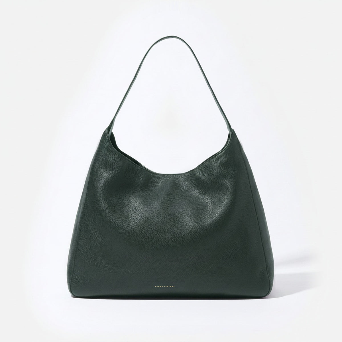 A black leather slouchy shoulder bag with a single strap, photographed against a clean white background.  -Evergreen