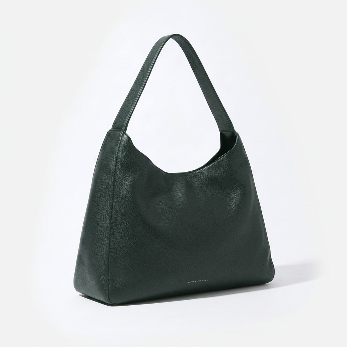 A dark forest green pebbled leather hobo shoulder bag with a single strap, shown on a clean white background.  -Evergreen