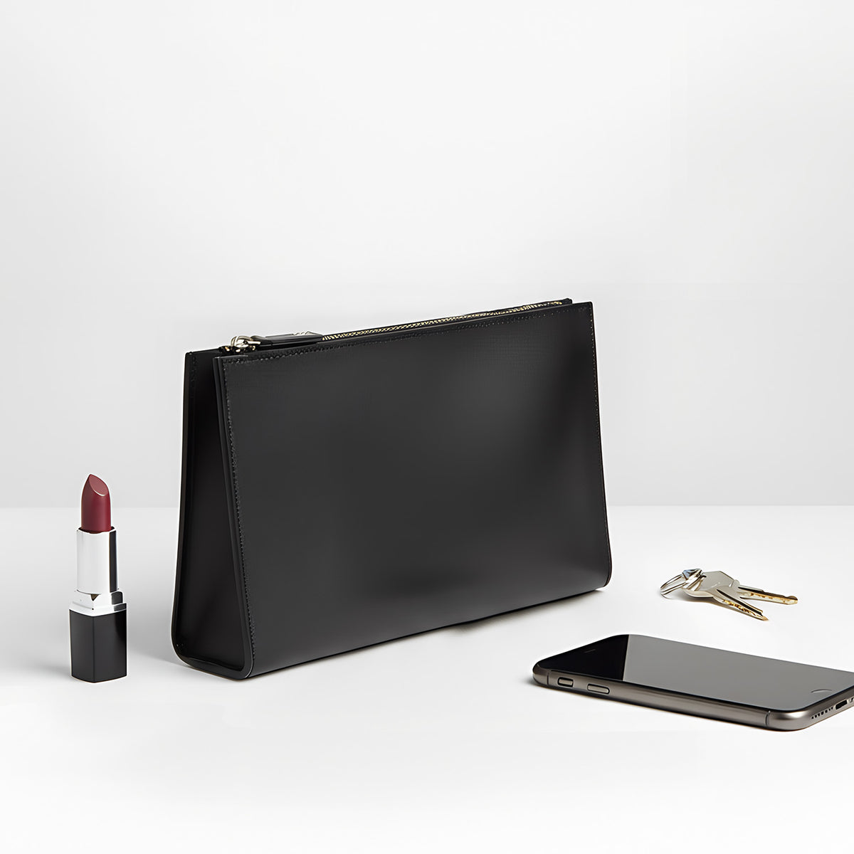 Black clutch bag with lipstick, phone, and keys on a white background - Black