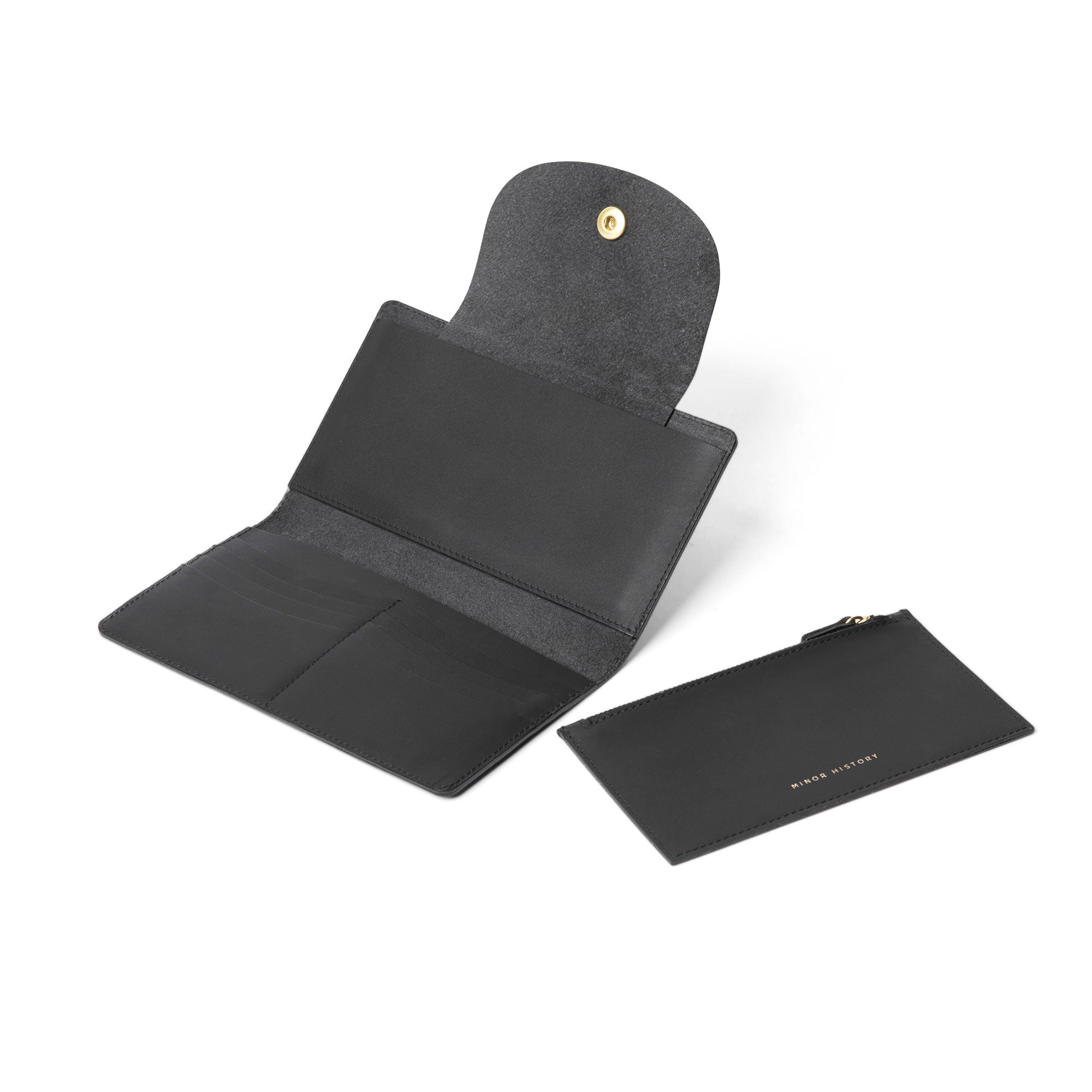 A black leather travel wallet with a snap closure and a gold-tone button. -Black