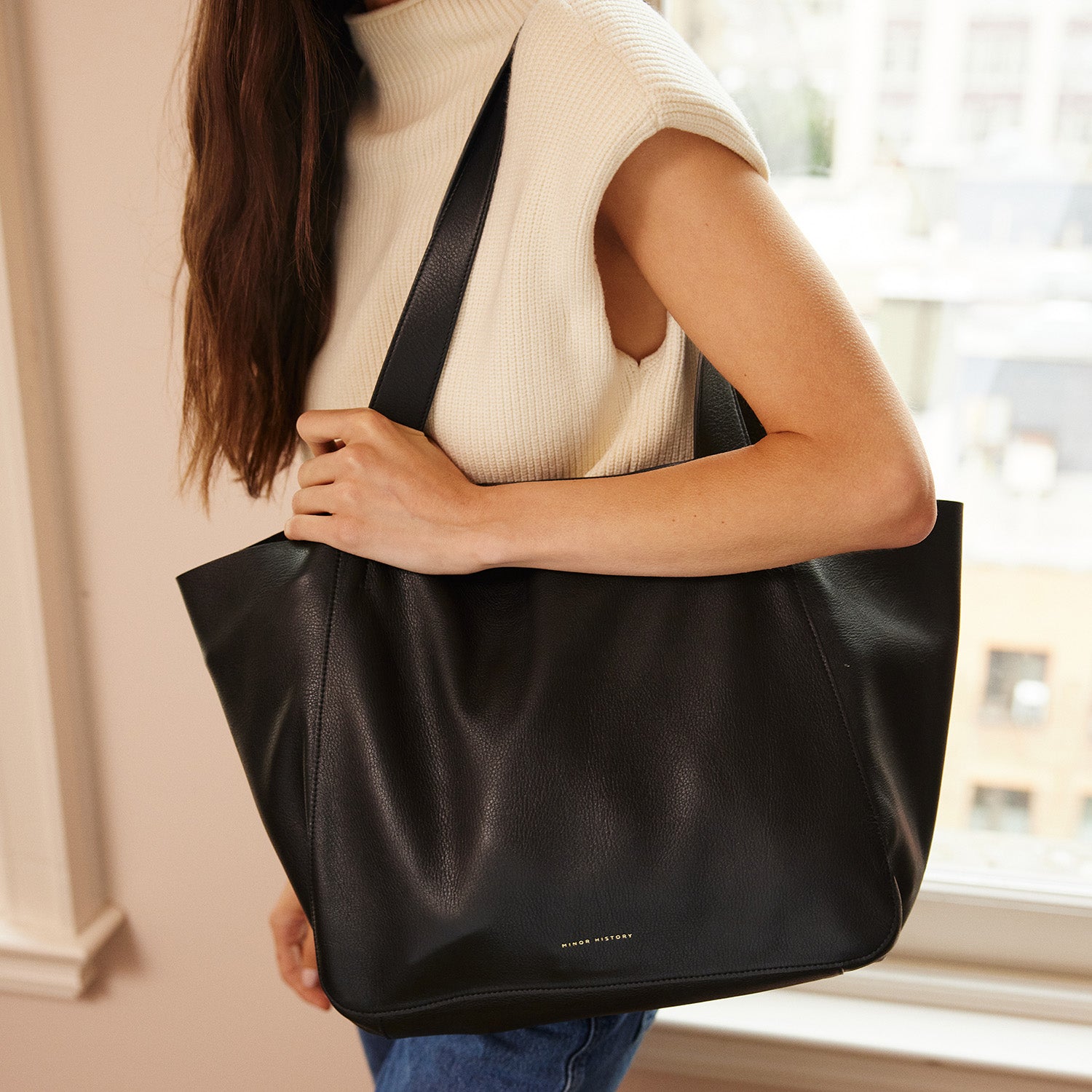 Black tote bag on a white background  - Black