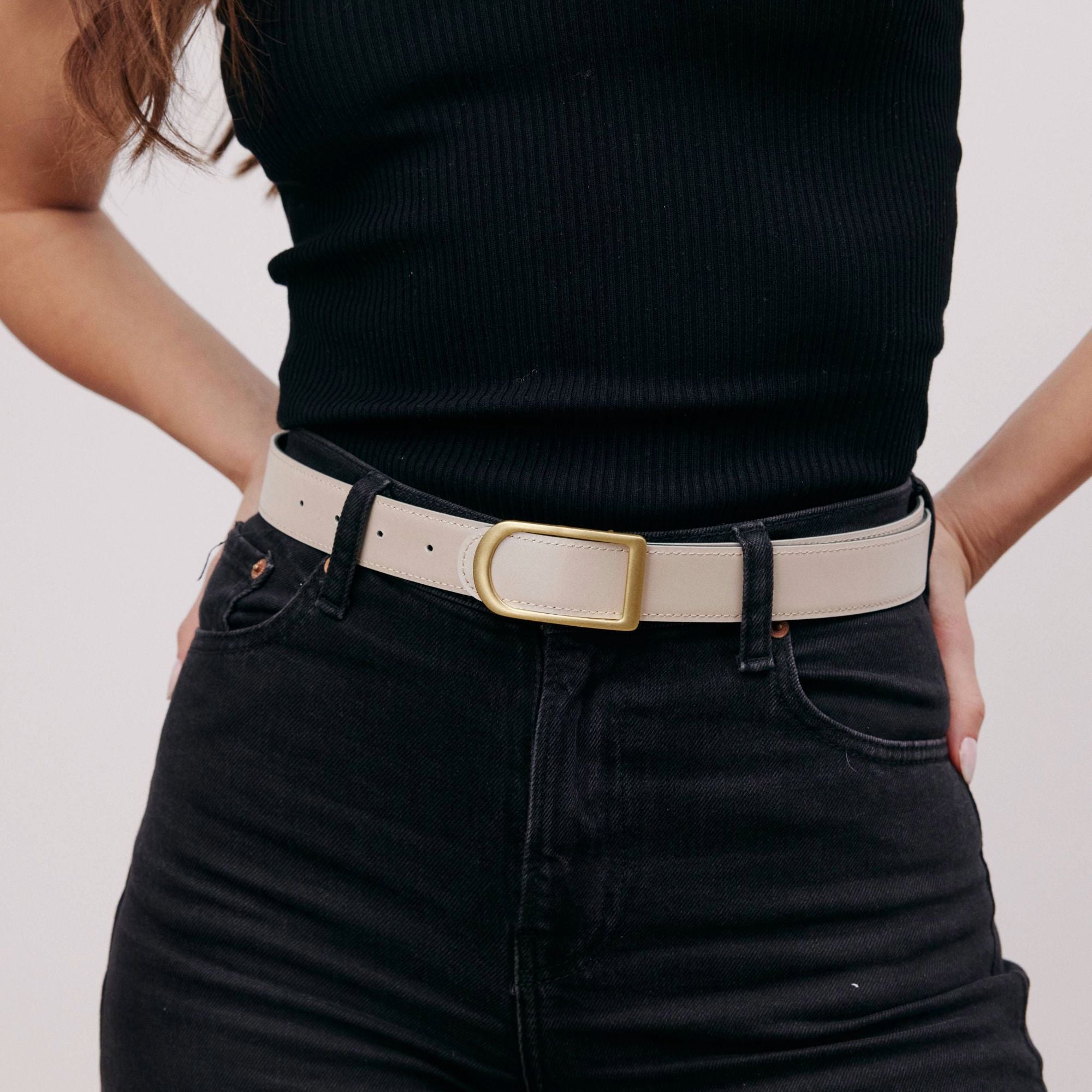 Gemini reversible belt in black full-grain leather with brass buckle, minimalist fashion accessory for everyday wear -Black-Pearl