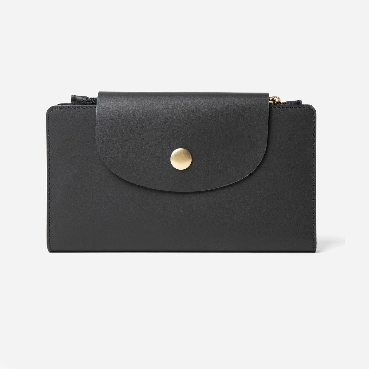 A black leather travel wallet with a snap closure and a gold-tone button. - Black
