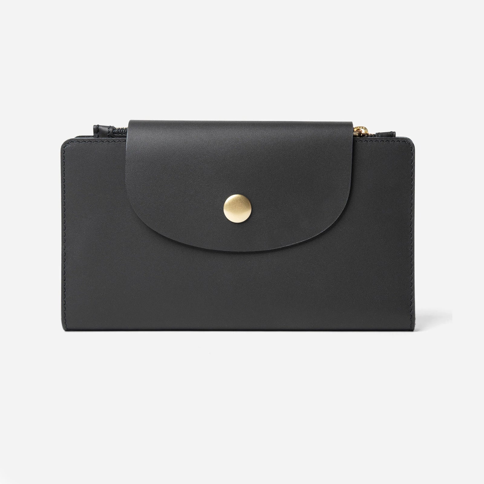 A black leather travel wallet with a snap closure and a gold-tone button. -Black